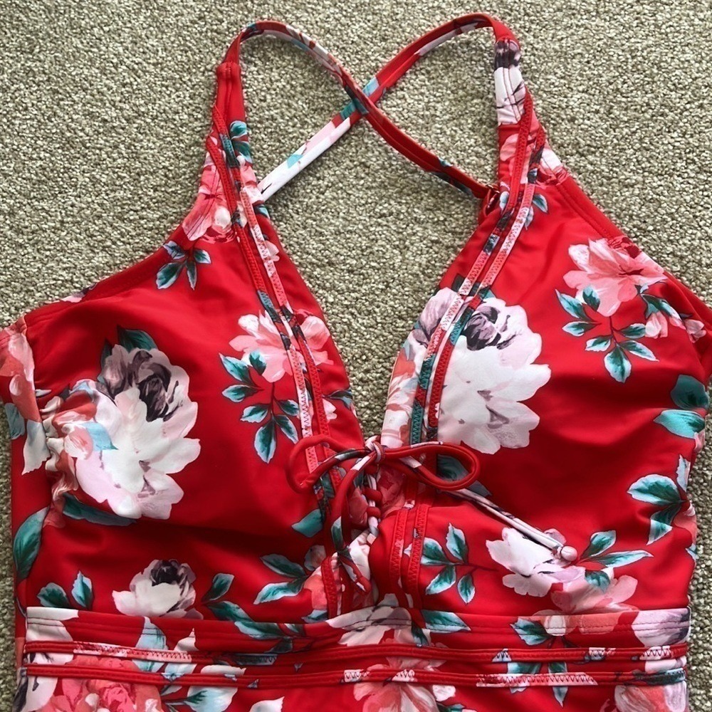 Kona Sol Red Floral Print VNeck Large One Piece Swimsuit Large - Picture 4 of 11